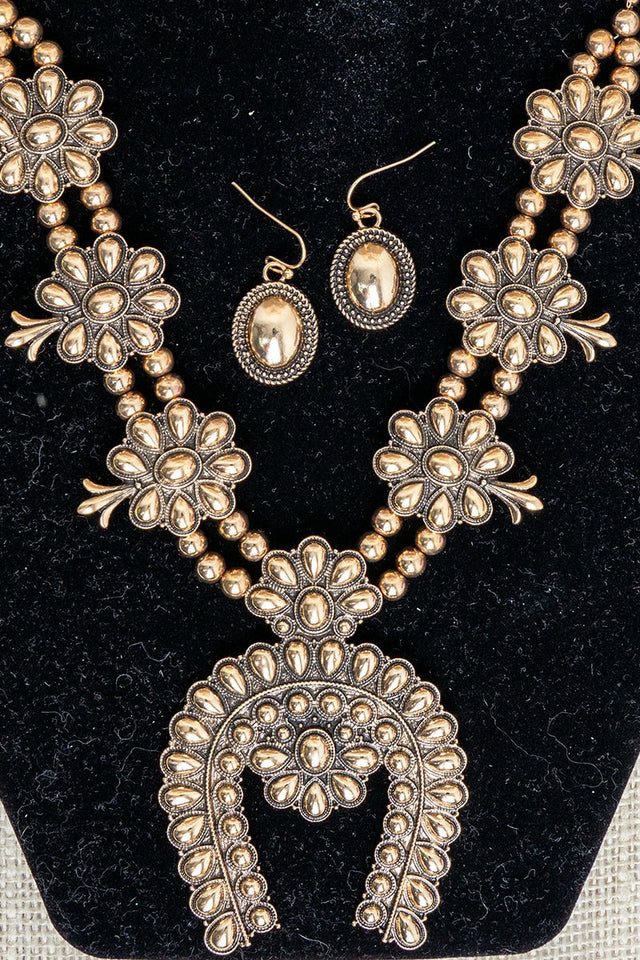 TIPI Longspur Squash Blossom Goldtone Necklace and Earring Set - Wholesale Accessory Market
