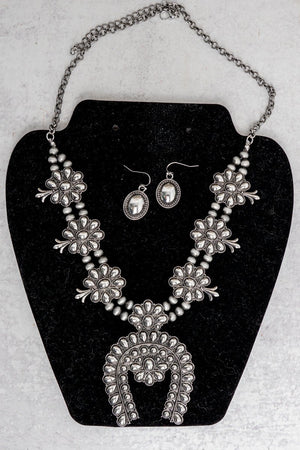 TIPI Longspur Squash Blossom Silvertone Necklace and Earring Set - Wholesale Accessory Market