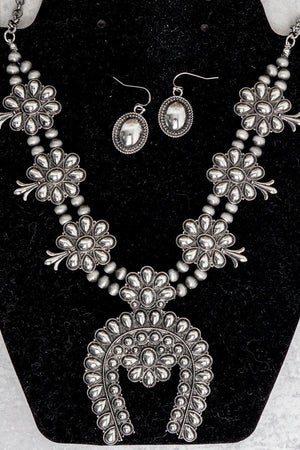 TIPI Longspur Squash Blossom Silvertone Necklace and Earring Set - Wholesale Accessory Market