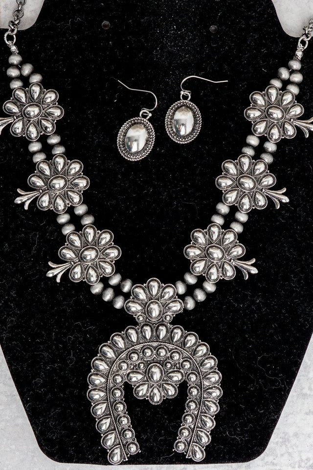 TIPI Longspur Squash Blossom Silvertone Necklace and Earring Set - Wholesale Accessory Market