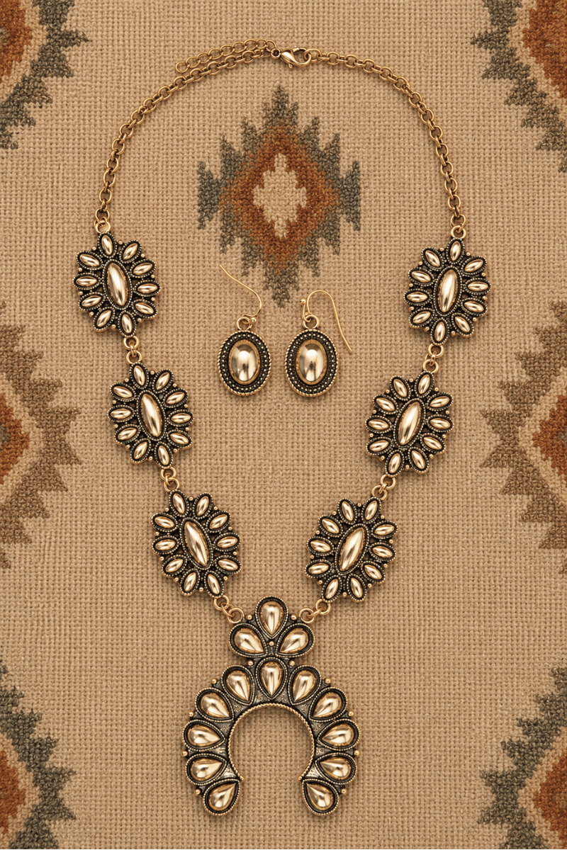 TIPI Highplains Squash Blossom Goldtone Necklace and Earring Set - Wholesale Accessory Market