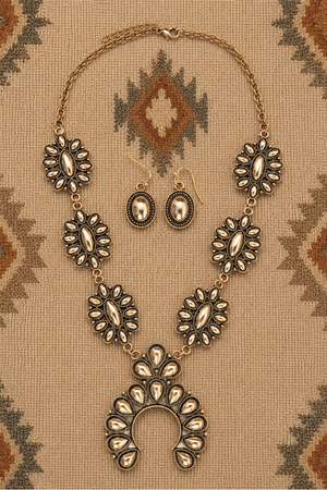 TIPI Highplains Squash Blossom Goldtone Necklace and Earring Set - Wholesale Accessory Market