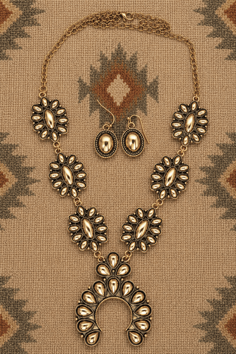 TIPI Highplains Squash Blossom Goldtone Necklace and Earring Set - Wholesale Accessory Market