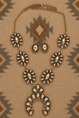TIPI Highplains Squash Blossom Goldtone Necklace and Earring Set - Wholesale Accessory Market