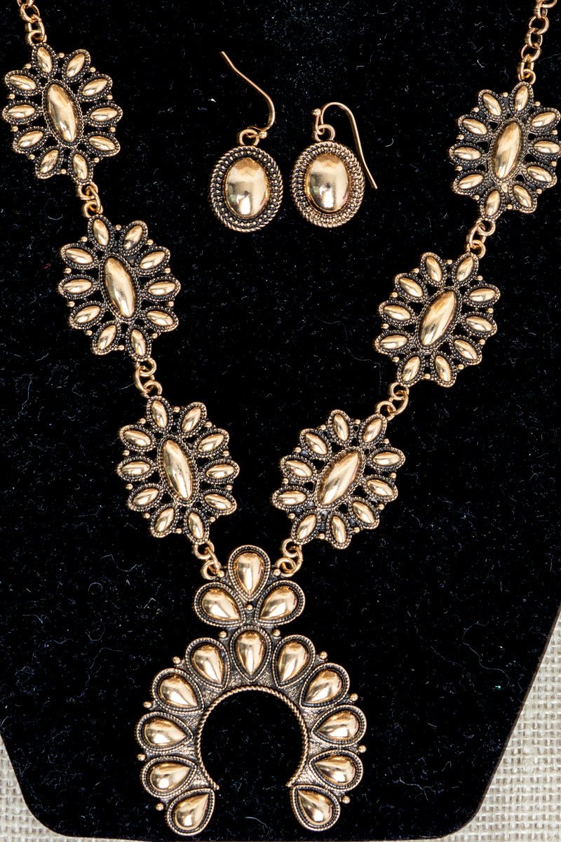 TIPI Highplains Squash Blossom Goldtone Necklace and Earring Set - Wholesale Accessory Market