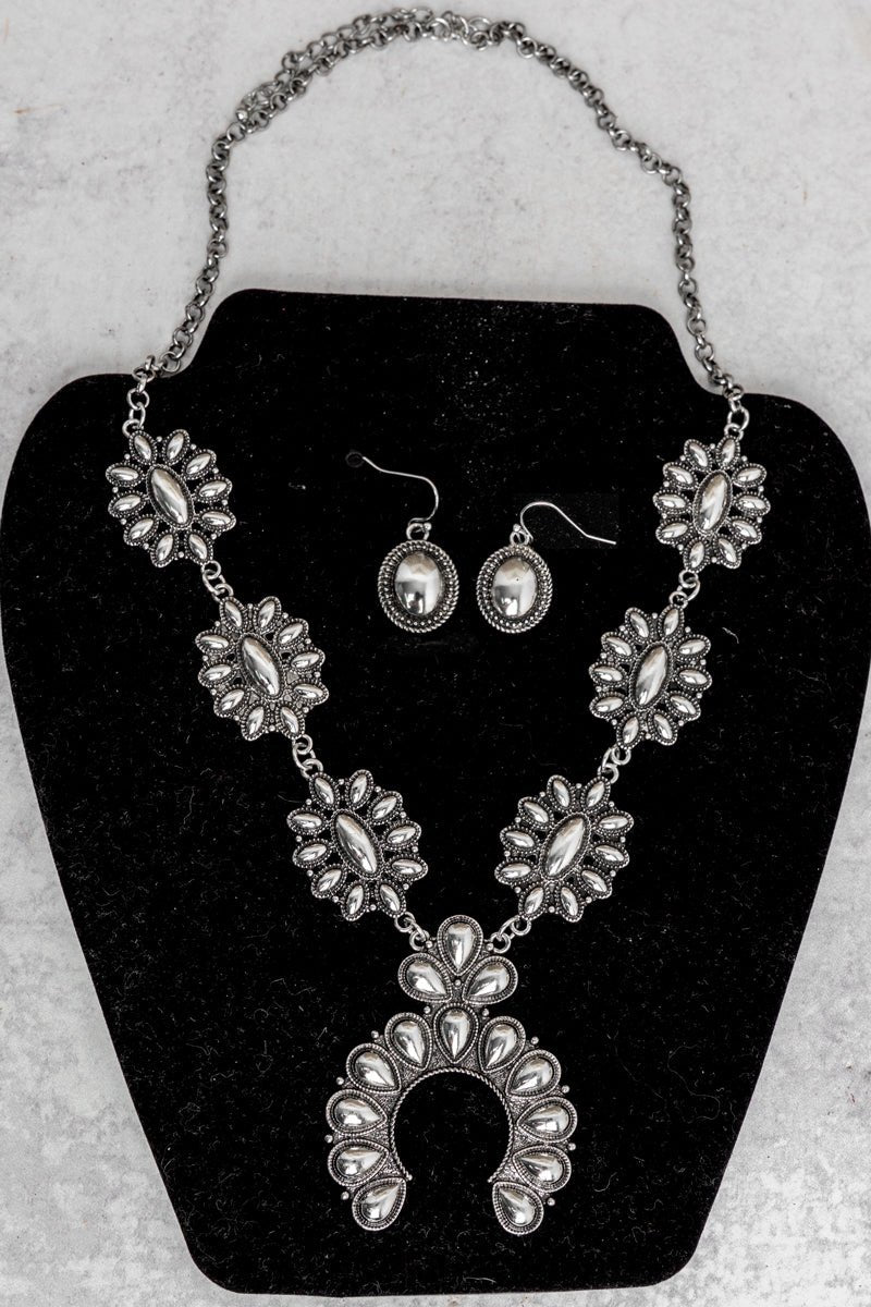 TIPI Highplains Squash Blossom Silvertone Necklace and Earring Set - Wholesale Accessory Market