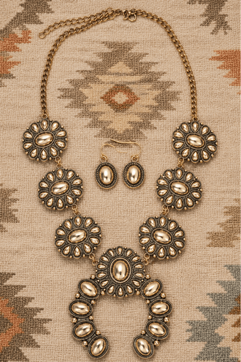 TIPI Sunridge Squash Blossom Goldtone Necklace and Earring Set - Wholesale Accessory Market