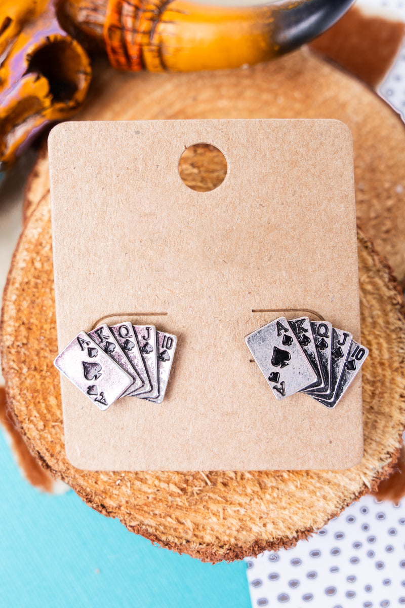 TIPI Royal Flush Spades Silvertone Earrings, .5"