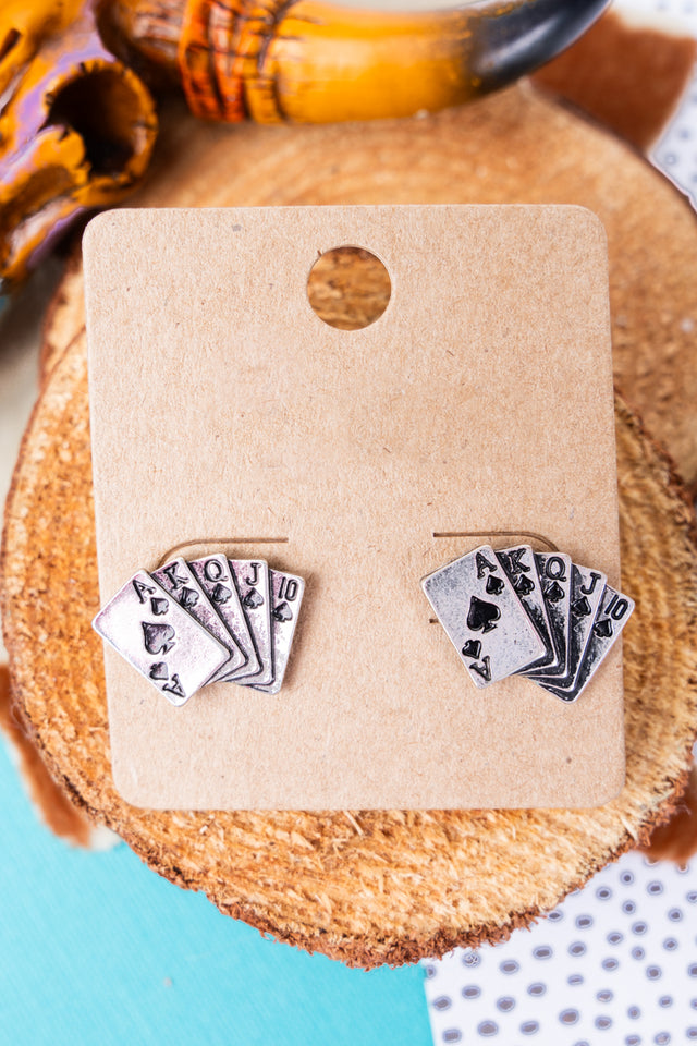 TIPI Royal Flush Spades Silvertone Earrings, .5"