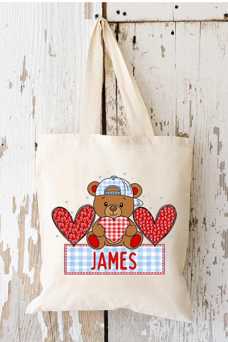 Personalized Blue Gingham Teddy Bear Small Canvas Tote *Personalize Your Name