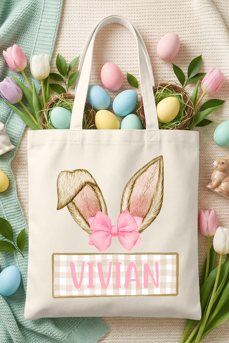 Personalized Pink Coquette Bunny Ears Small Canvas Tote *Personalize Your Name
