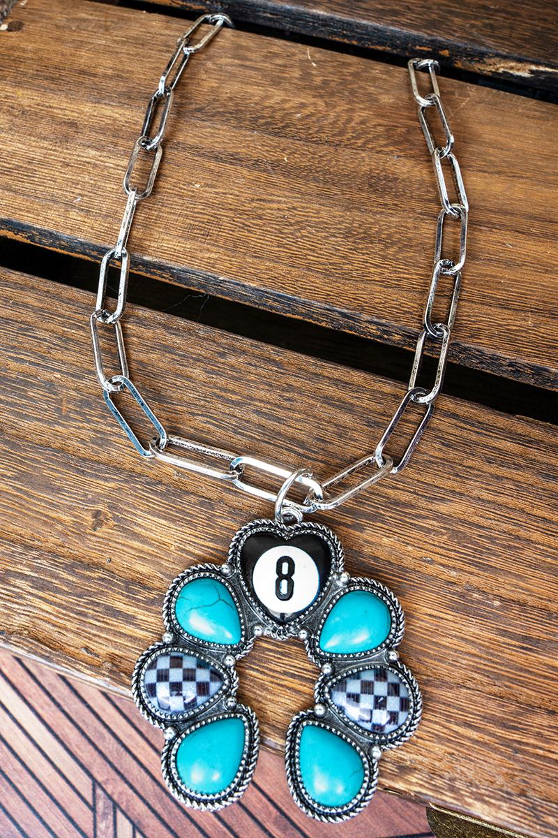 TIPI Turquoise & Checkered Cue The Drama Silvertone Necklace
