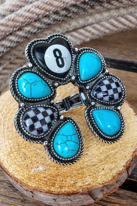 TIPI Turquoise & Checkered Cue The Drama Silvertone Cuff Ring