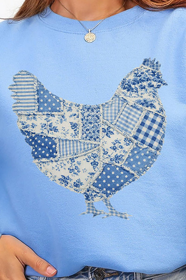 Faux Patchwork Blue Chicken Ready To Press DTF Transfer - Wholesale Accessory Market