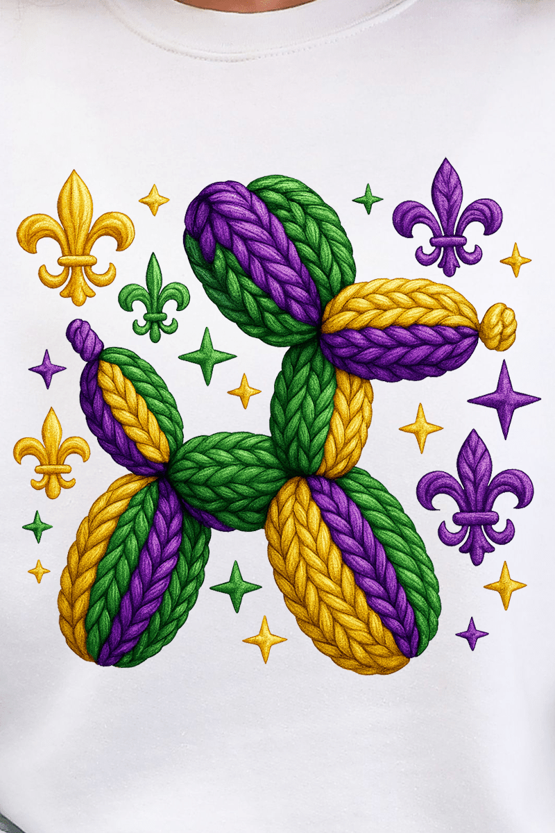 Faux Yarn Mardi Gras Balloon Dog Ready To Press DTF Transfer - Wholesale Accessory Market