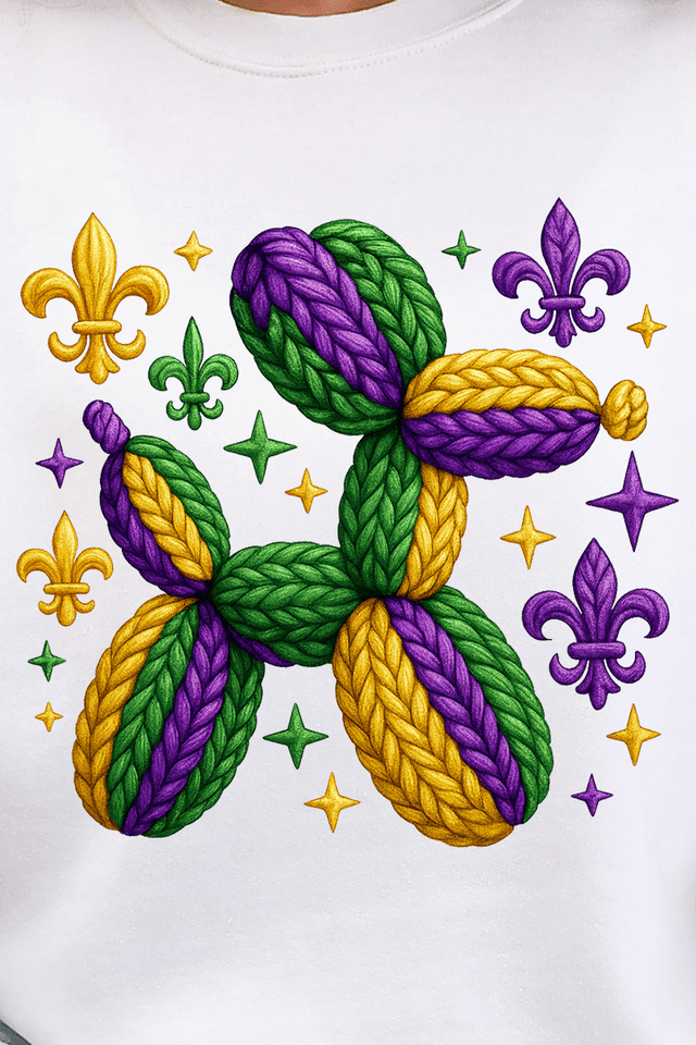 Faux Yarn Mardi Gras Balloon Dog Ready To Press DTF Transfer - Wholesale Accessory Market