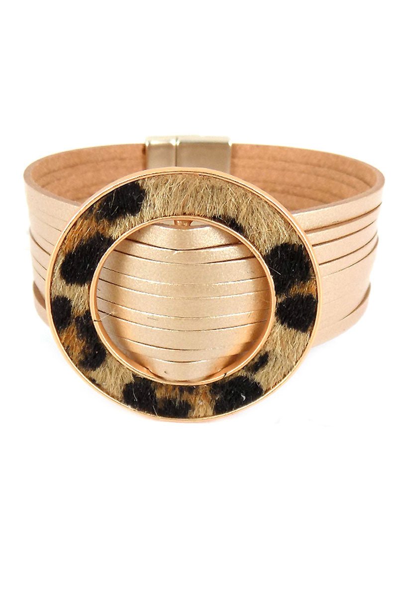 Viola Gold Faux Leather Brown Leopard Ring Multi - Strand Magnetic Bracelet - Wholesale Accessory Market