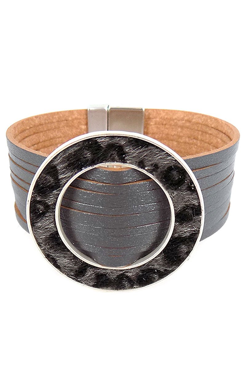Viola Gray Faux Leather Gray Leopard Ring Multi - Strand Magnetic Bracelet - Wholesale Accessory Market