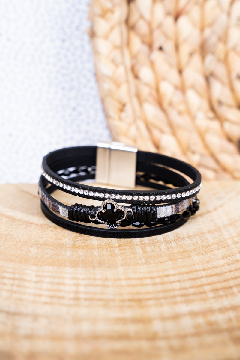 Viola Black Clover Goldtone Multi - Strand Magnetic Bracelet - Wholesale Accessory Market