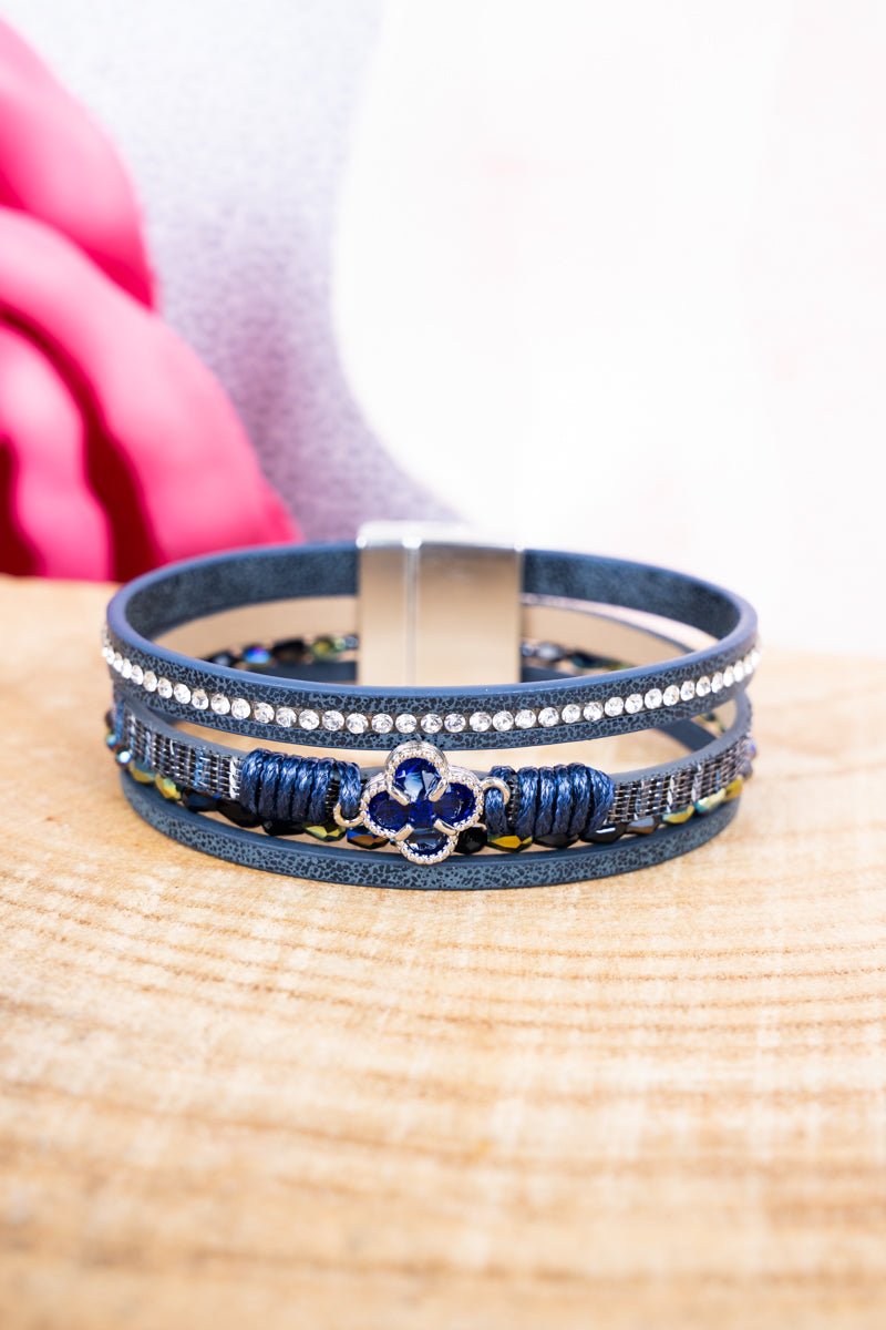 Viola Blue Clover Goldtone Multi - Strand Magnetic Bracelet - Wholesale Accessory Market