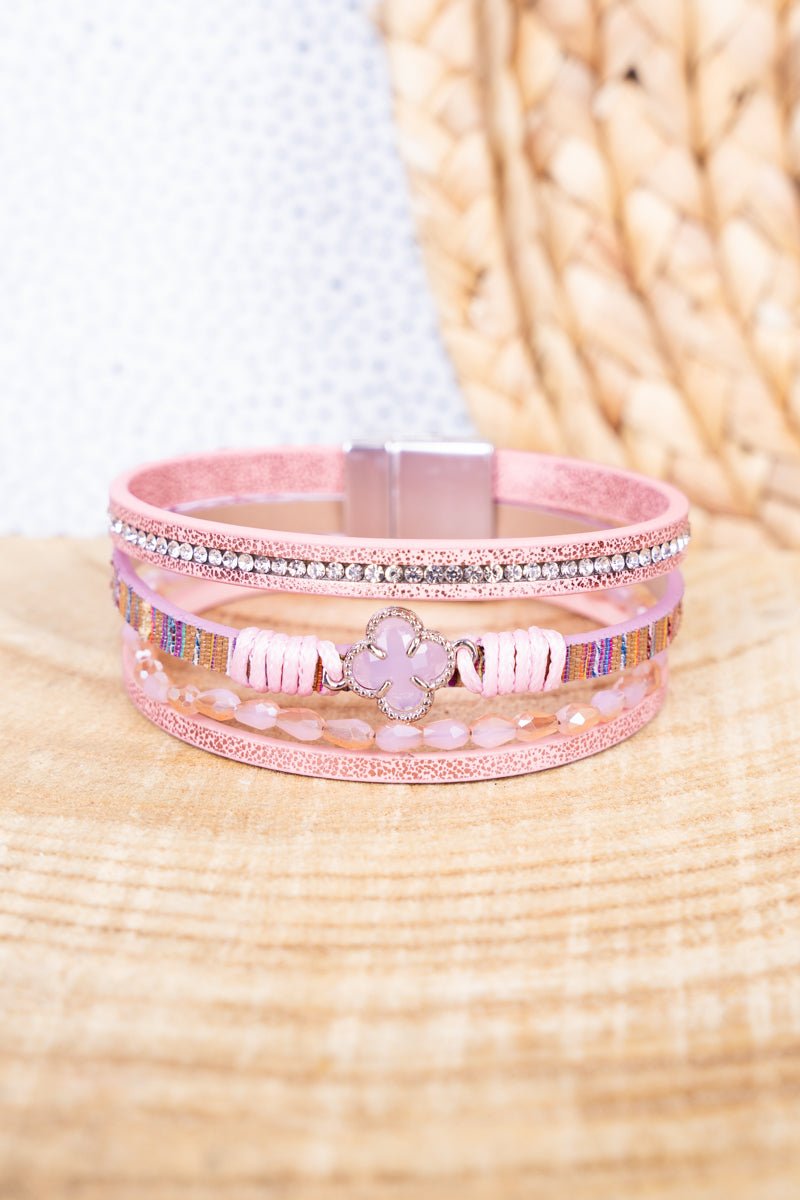 Viola Pink Clover Goldtone Multi - Strand Magnetic Bracelet - Wholesale Accessory Market