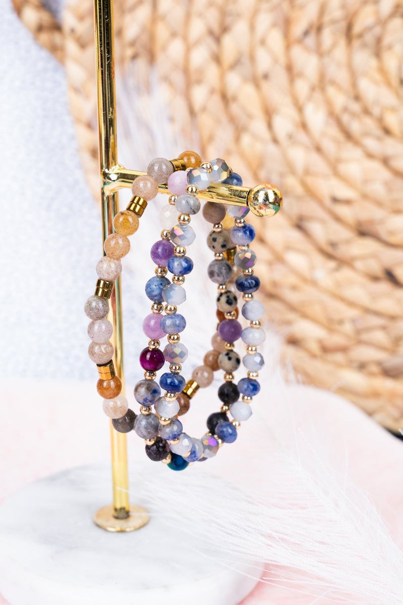 Viola Round Jewel Tone Stone Beaded Bracelet Set - Wholesale Accessory Market