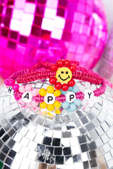 Viola Smiling Happy Pink Cord Bracelet Set - Wholesale Accessory Market