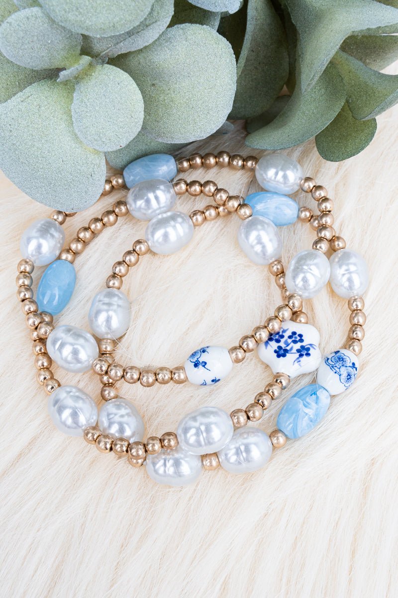 Shiny Luxe Blue Petal Promises Pearl & Goldtone Beaded Bracelet Set - Wholesale Accessory Market
