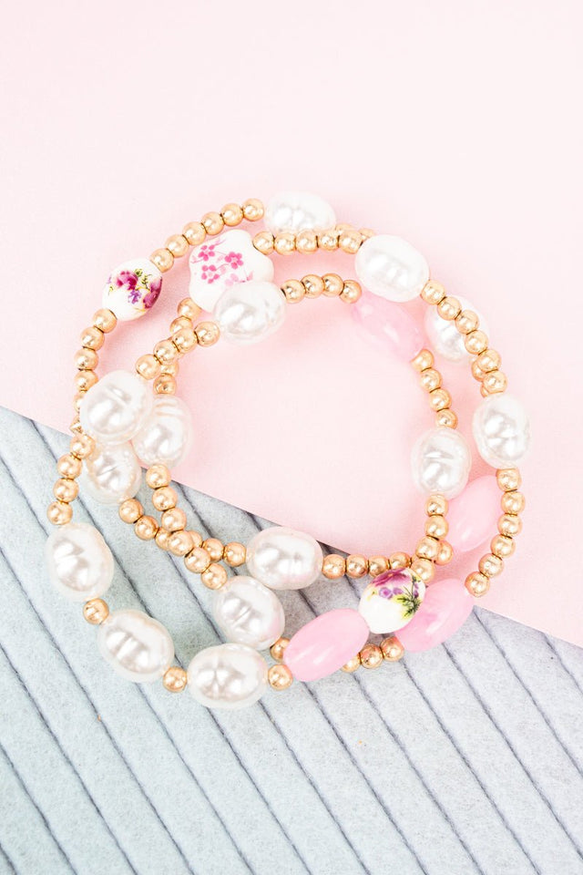 Shiny Luxe Pink Petal Promises Pearl & Goldtone Beaded Bracelet Set - Wholesale Accessory Market