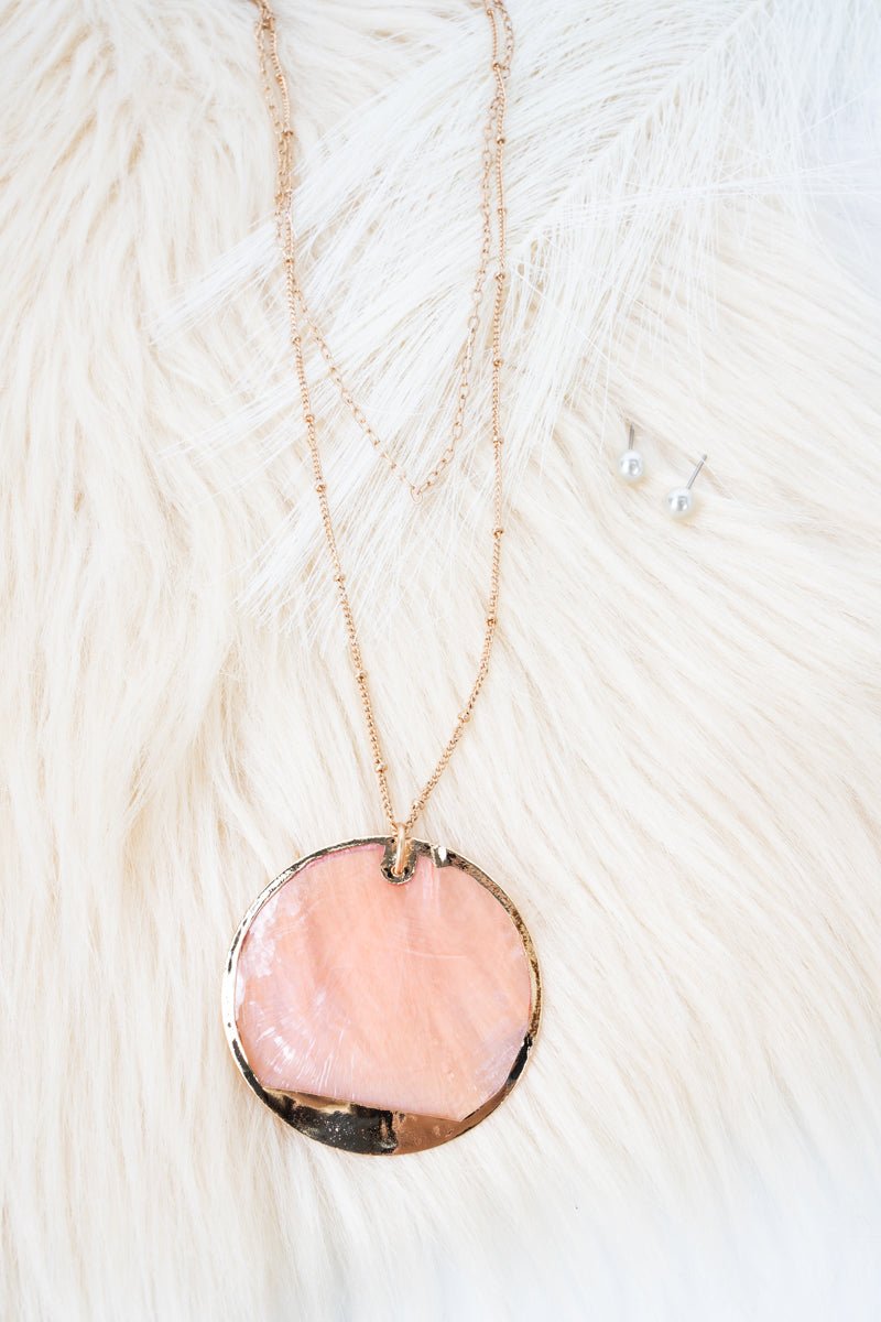 Viola Goldtone And Pink Shell Disk Necklace and Earring Set - Wholesale Accessory Market