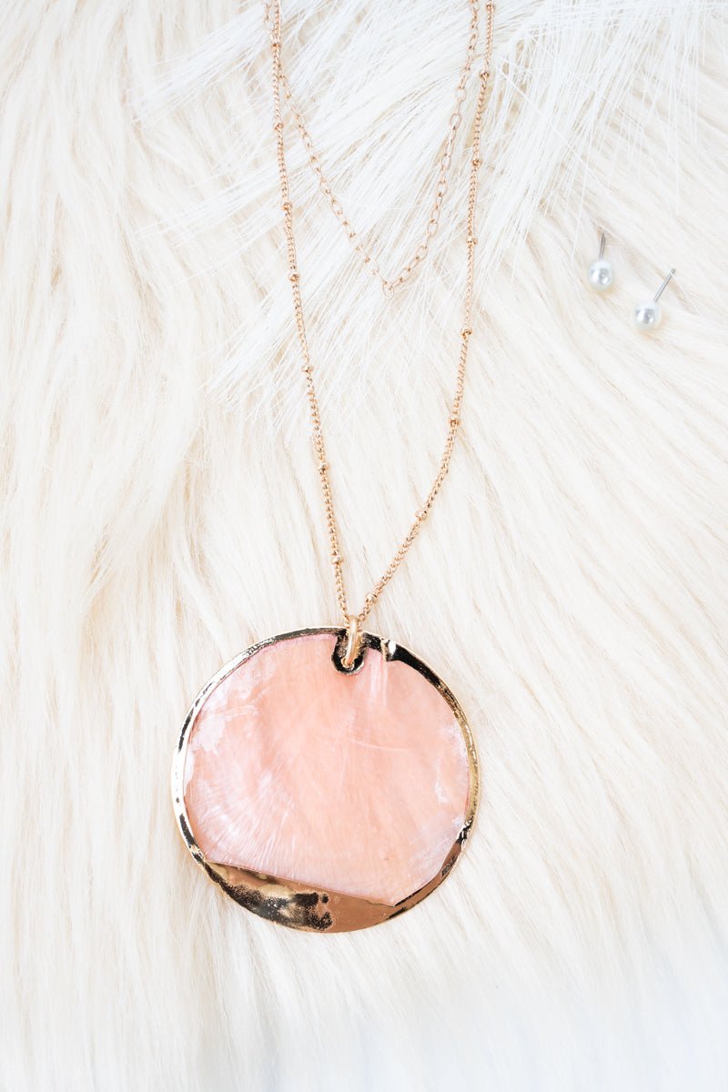 Viola Goldtone And Pink Shell Disk Necklace and Earring Set - Wholesale Accessory Market