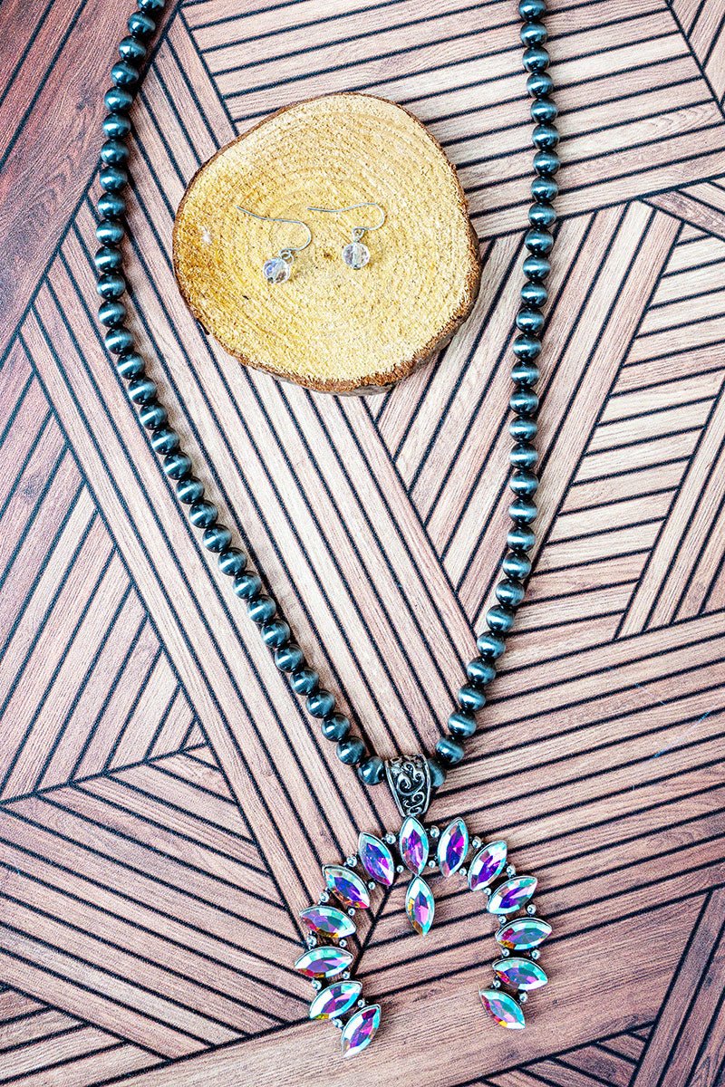 Viola Iridescent Rodeo Runway Silver Pearl Necklace and Earring Set - Wholesale Accessory Market
