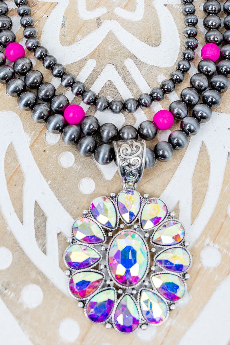 Shiny Luxe Grit & Glam Silver Pearl and Fuchsia Necklace and Earring Set - Wholesale Accessory Market