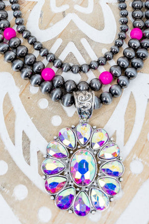 Shiny Luxe Grit & Glam Silver Pearl and Fuchsia Necklace and Earring Set - Wholesale Accessory Market