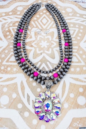 Shiny Luxe Grit & Glam Silver Pearl and Fuchsia Necklace and Earring Set - Wholesale Accessory Market