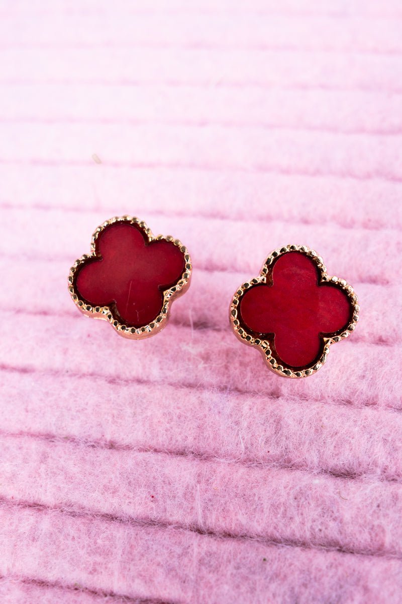 Viola Goldtone Trimmed Red Shell Quatrefoil Earrings - Wholesale Accessory Market