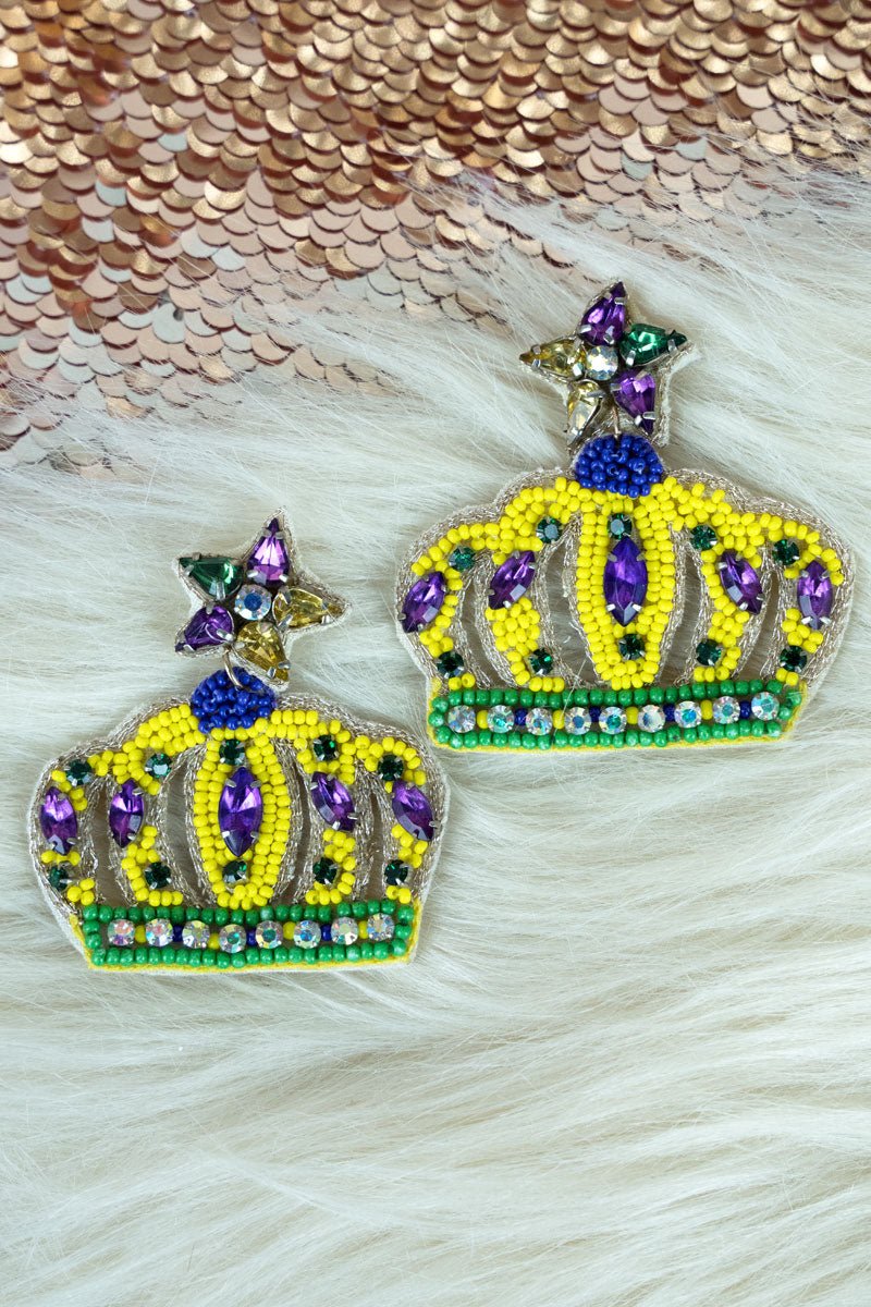 Viola Bejeweled Mardi Gras Crown Seed Bead Earrings - Wholesale Accessory Market