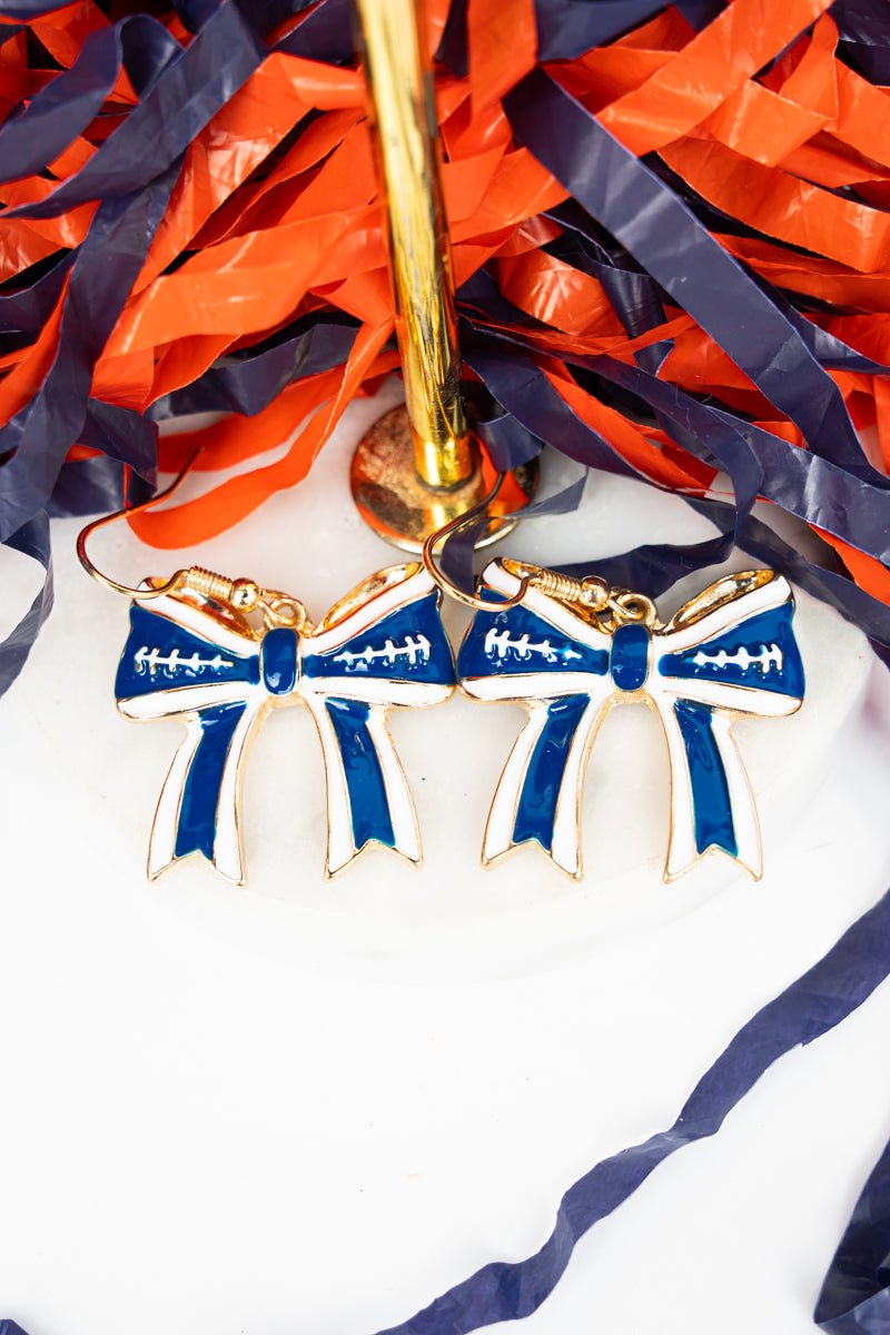 Blue and White Football Bow Earrings - Wholesale Accessory Market