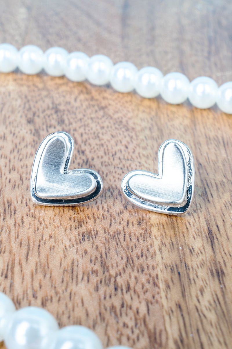 Shiny Luxe Evening Whispers Brushed Silvertone Heart Earrings - Wholesale Accessory Market