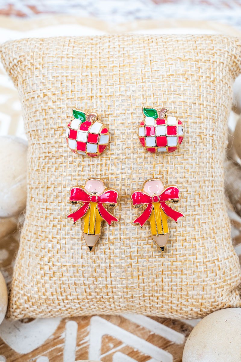 School Day Charm Earrings 2 Pair Set - Wholesale Accessory Market