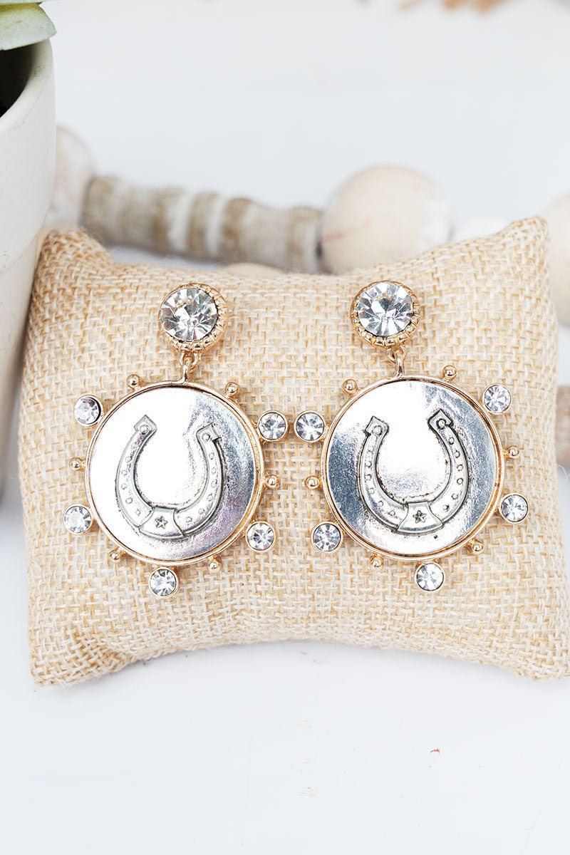 Shiny Luxe Rhinestone Rodeo Reign Two - Tone Horseshoe Earrings - Wholesale Accessory Market