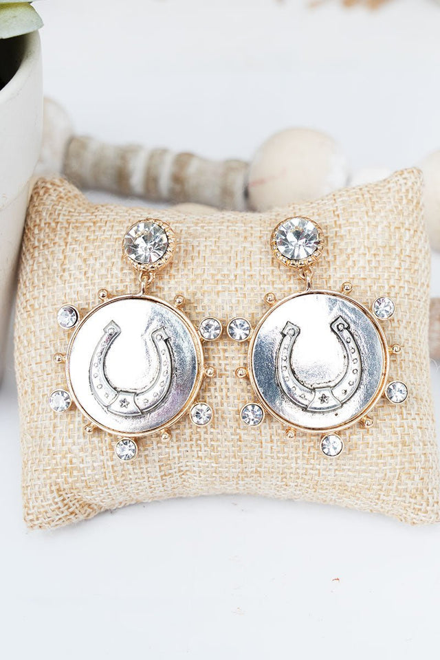 Shiny Luxe Rhinestone Rodeo Reign Two - Tone Horseshoe Earrings - Wholesale Accessory Market