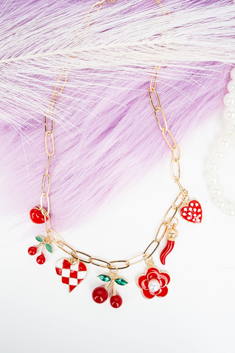 Viola Red Cherry Amour Goldtone Charm Necklace - Wholesale Accessory Market