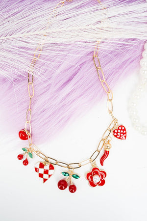 Viola Red Cherry Amour Goldtone Charm Necklace - Wholesale Accessory Market