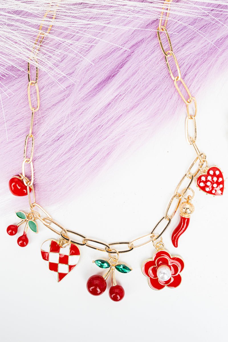 Viola Red Cherry Amour Goldtone Charm Necklace - Wholesale Accessory Market