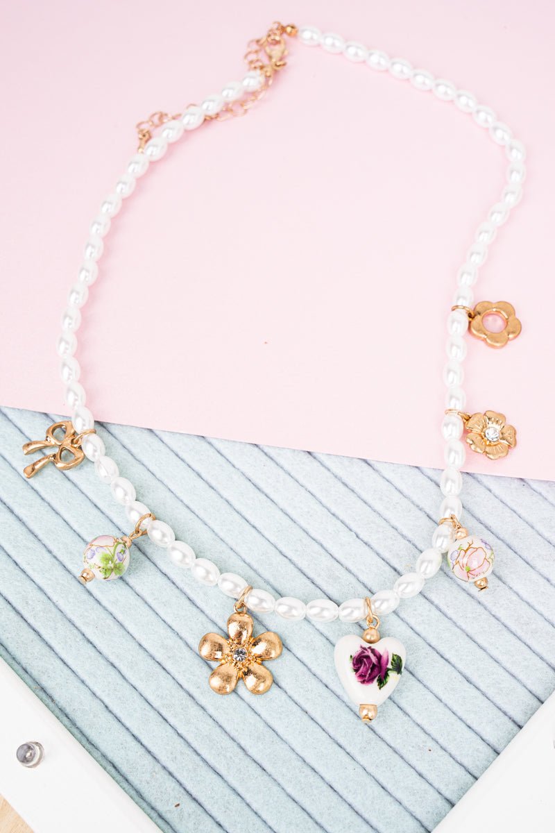 Shiny Luxe Pink Blooming Affection Pearl & Goldtone Necklace - Wholesale Accessory Market