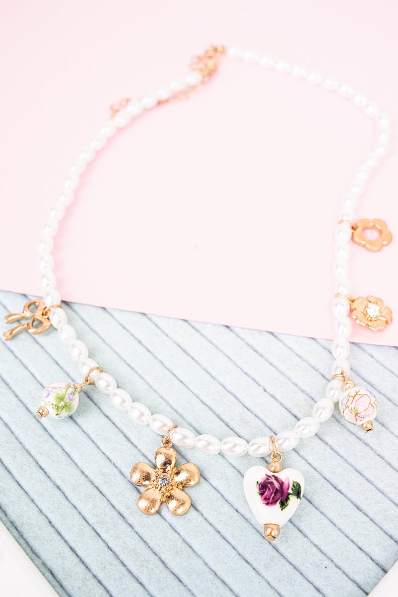 Shiny Luxe Pink Blooming Affection Pearl & Goldtone Necklace - Wholesale Accessory Market