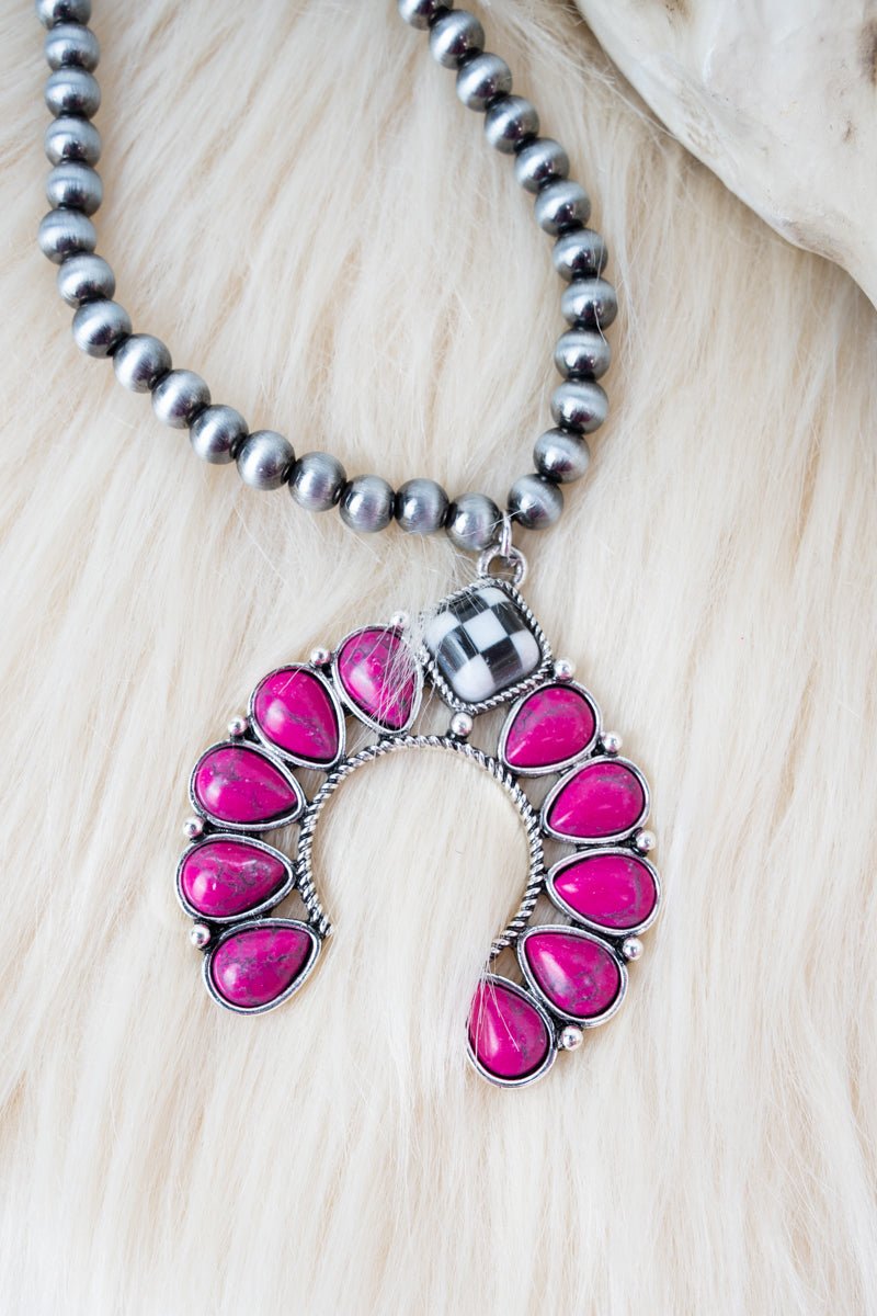 Shiny Luxe Fuchsia Checkered Creek Silver Pearl Necklace - Wholesale Accessory Market