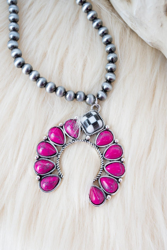 Shiny Luxe Fuchsia Checkered Creek Silver Pearl Necklace - Wholesale Accessory Market
