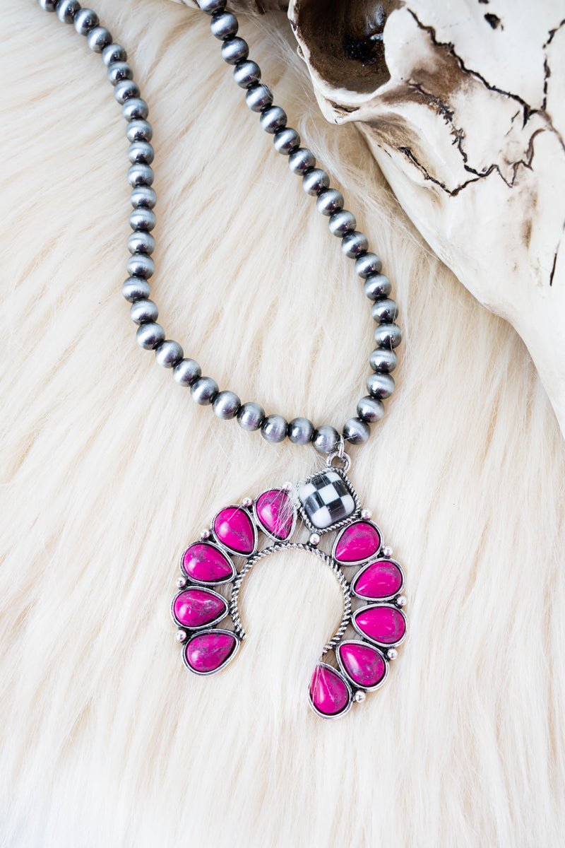Shiny Luxe Fuchsia Checkered Creek Silver Pearl Necklace - Wholesale Accessory Market